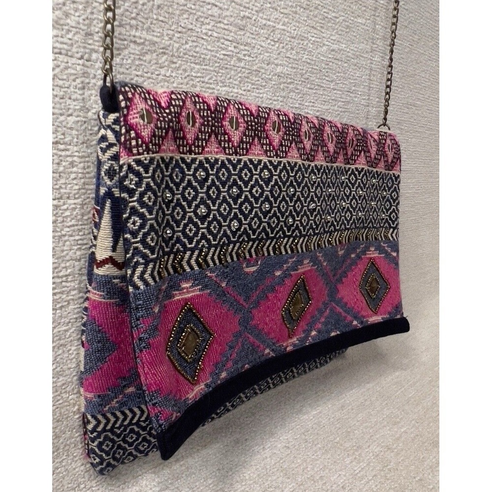 Francesca Biondi Clutch Purse‎ Southwest Design Pink Blue Fabric Crossbody